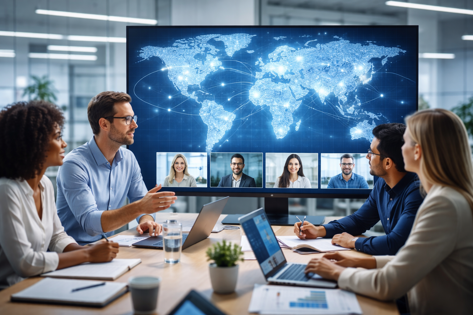 Diverse team collaborating in a modern office environment, representing global teamwork and professional growth